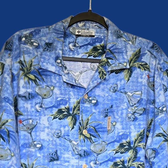 Columbia Men's Blue Hawaiian Aloha XXL Martini Cocktail with Olive Swizzle Shirt - Picture 2 of 13